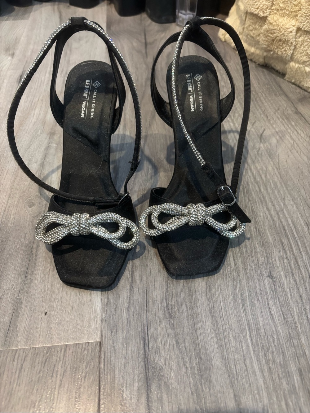 Black Heels with Rhinestone Bow Detail